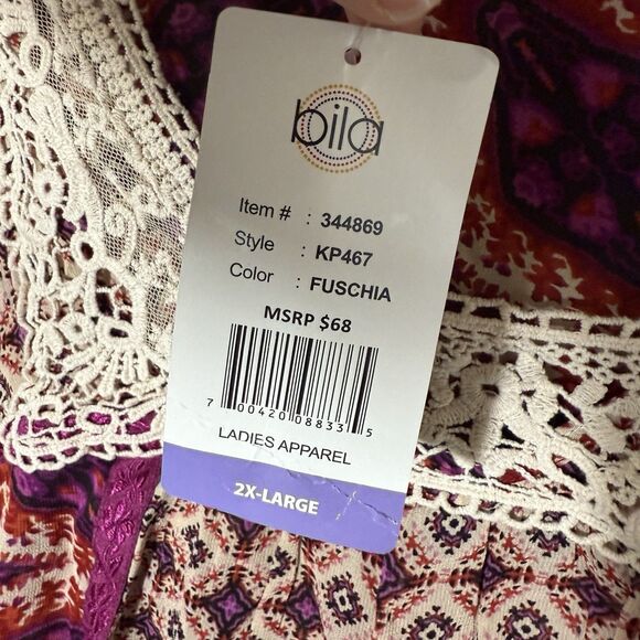 NWT Bila Peasant Tunic Plus 2X Woven Boho 3/4 Sleeve Top Semi-sheer Fuschia $68 - Picture 3 of 11
